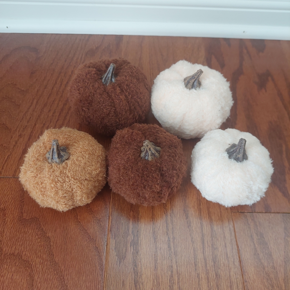 5 Brown and Cream Plush Pumpkins